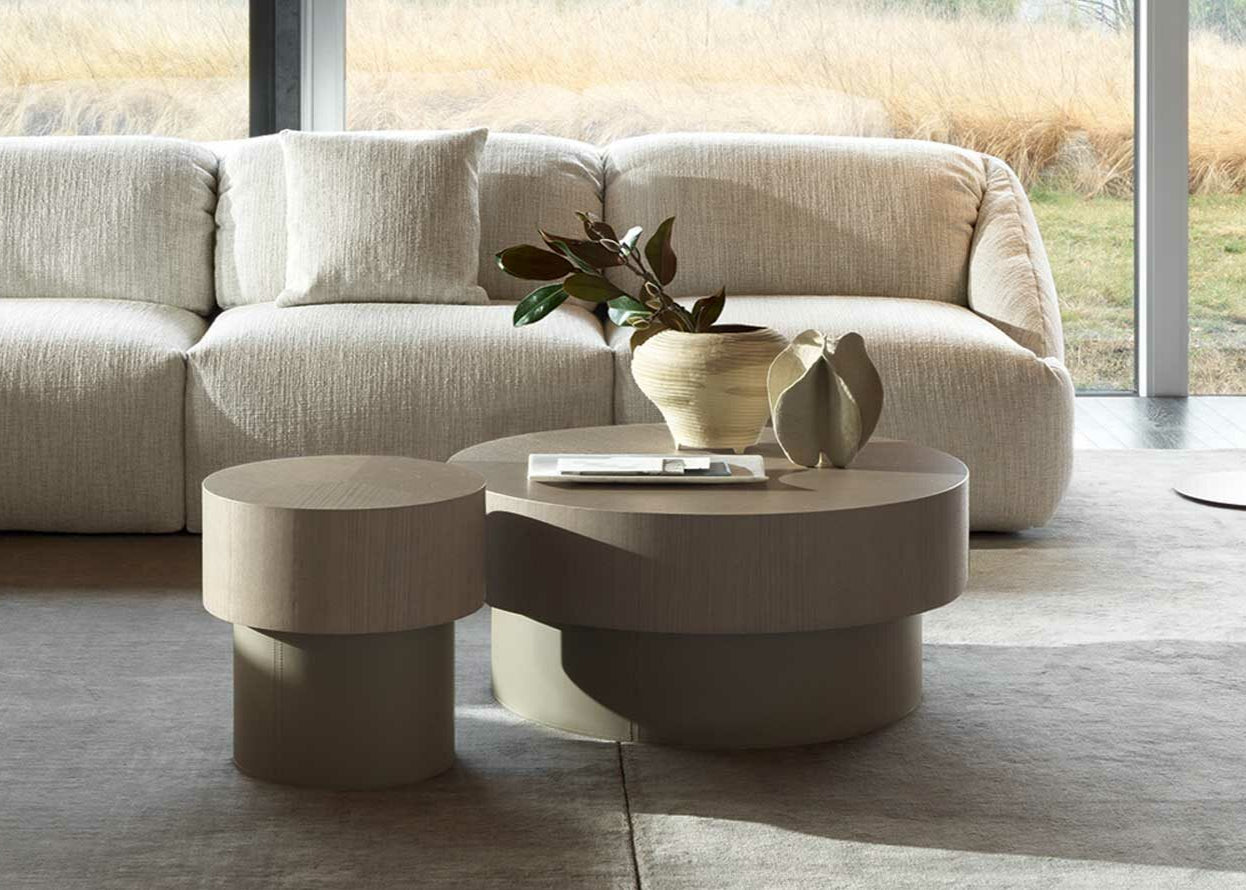 Modern living room with a beige sectional sofa, coffee table, and decorative items.