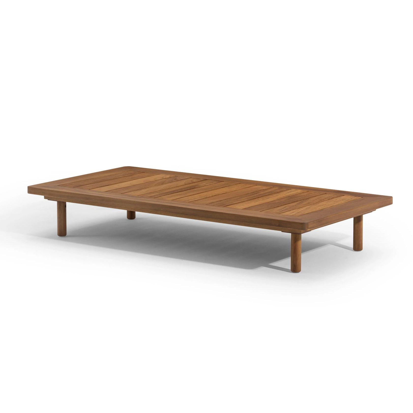 A rectangular Emma Iroko coffee table with a solid brown wooden structure and a smooth, flat top.