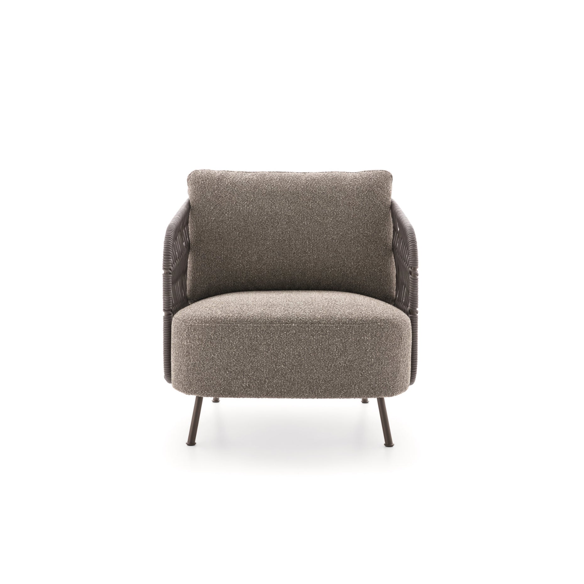 A gray outdoor armchair with a wrap-around backrest and metal legs.