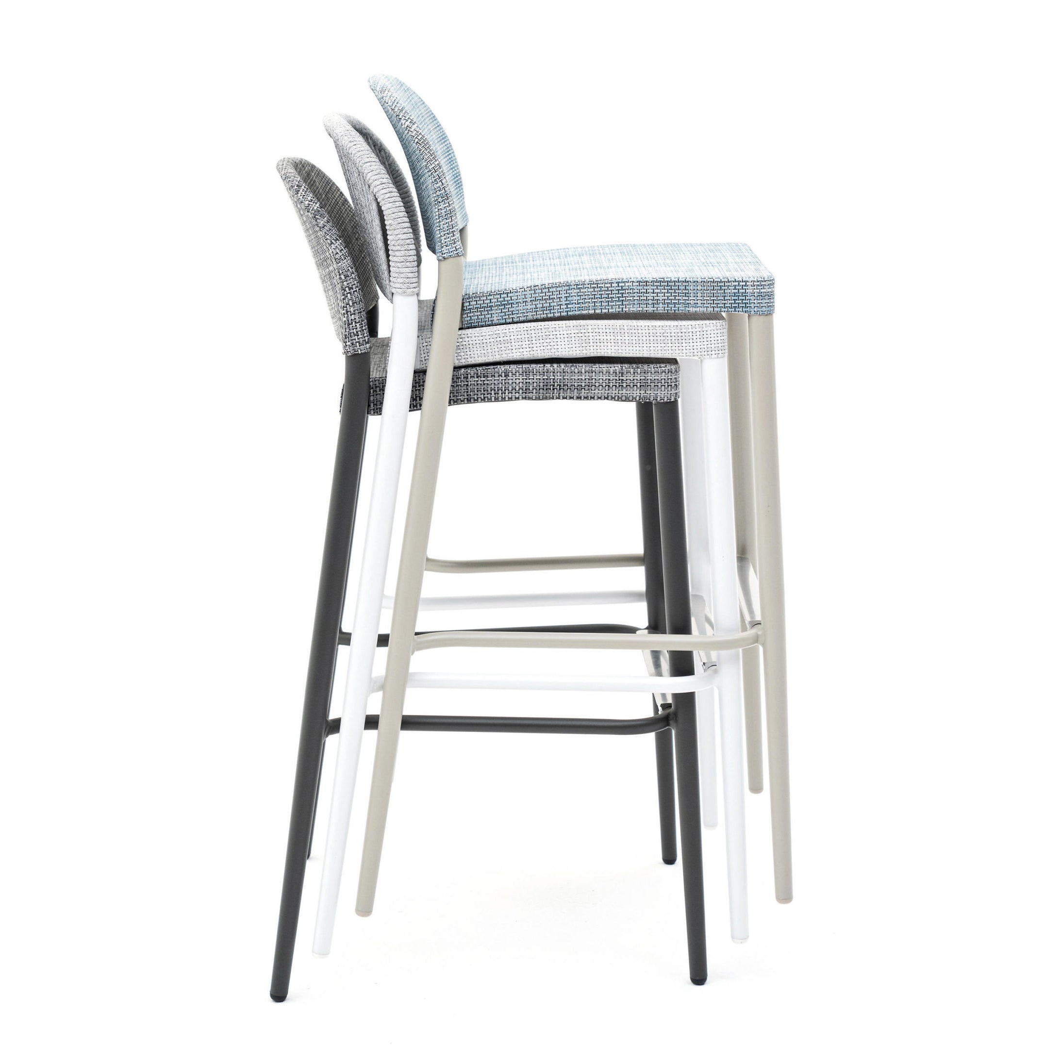 A modern barstool with a black metal frame and a blue patterned seat and backrest.
