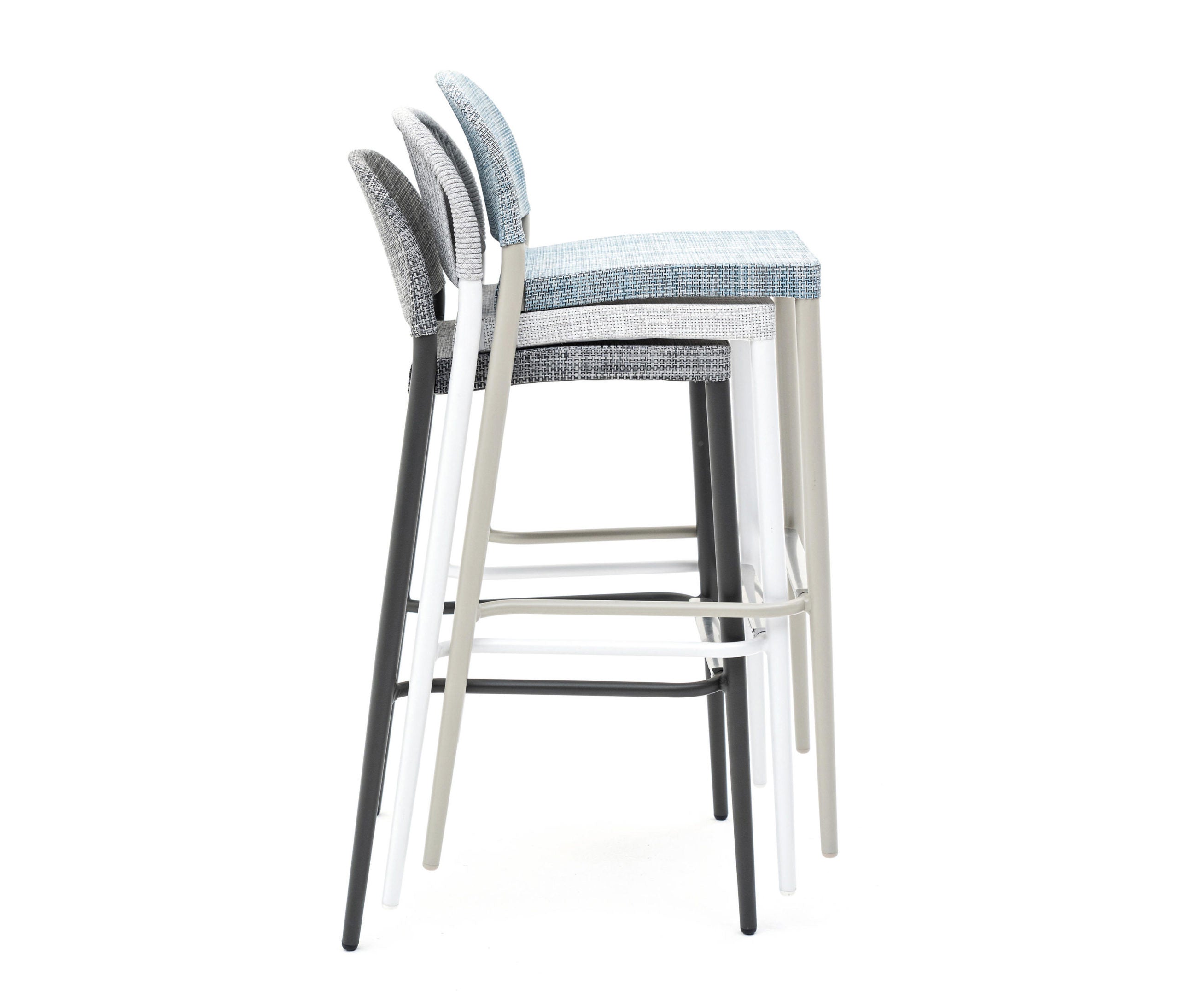 A modern barstool with a black metal frame and a blue patterned seat and backrest.