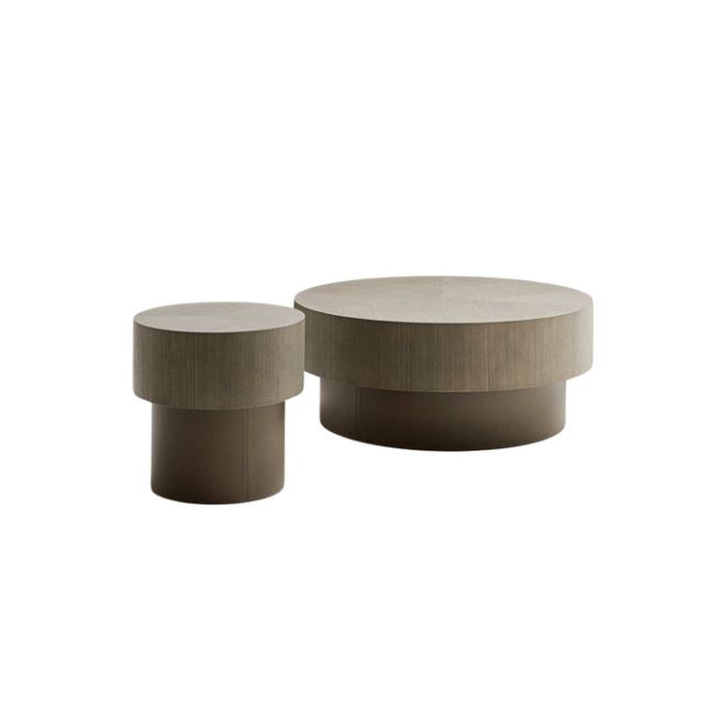 Two round wooden tables on a white background