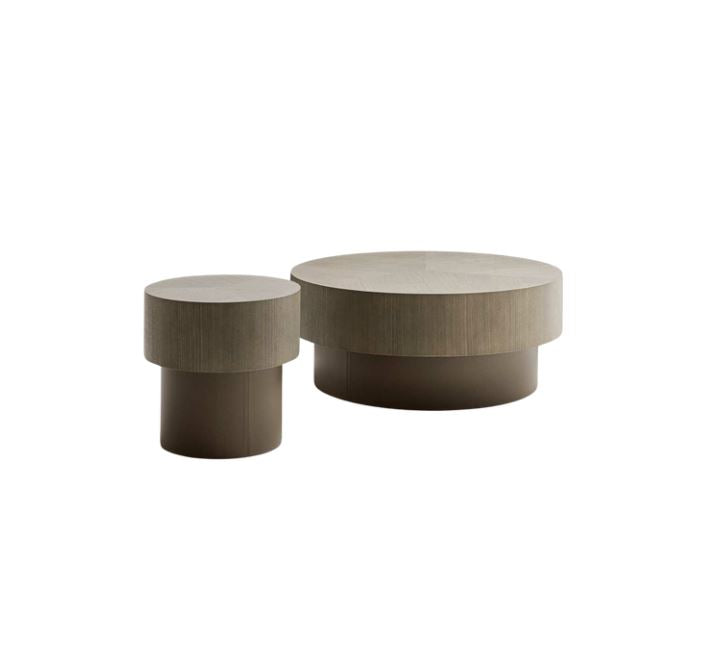 Two round wooden tables on a white background