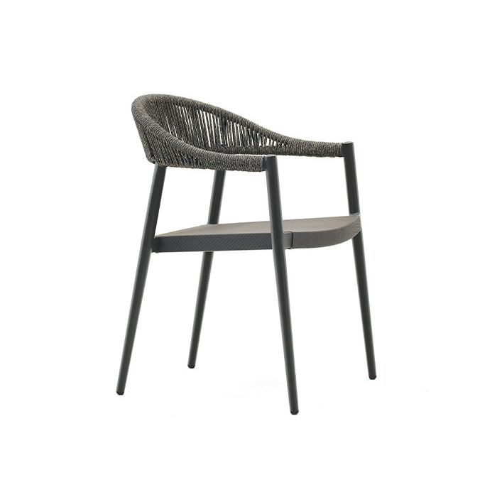 A modern outdoor armchair with a gray backrest and seat, featuring a woven rope design structure in a silk gray finish.