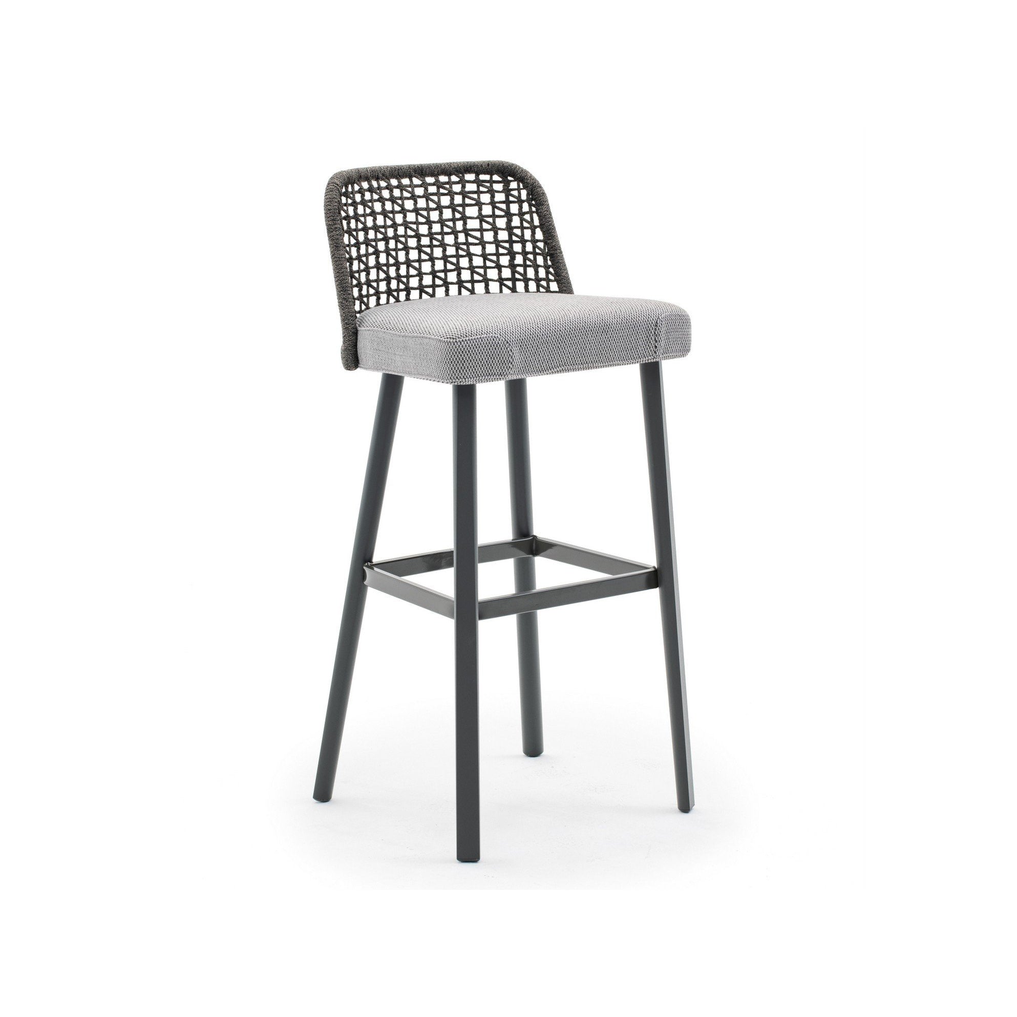 A gray bar stool with a rope-woven backrest and a cushioned seat and backrest, set against a white background.