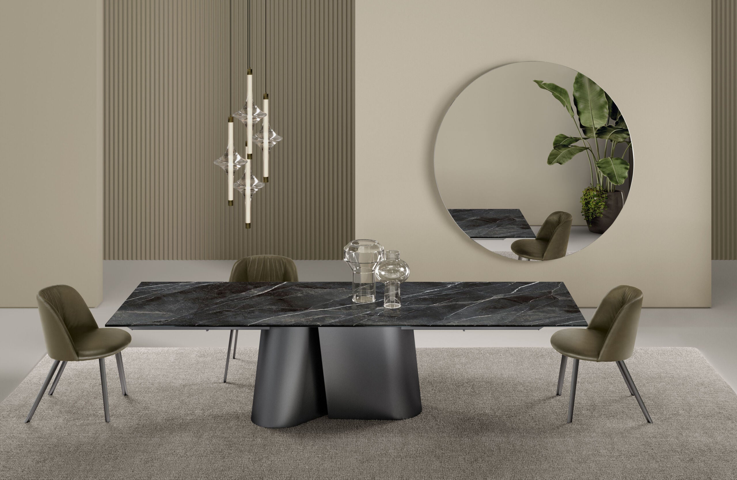 Modern dining room with a marble table and chairs, featuring a mirror and decorative elements.