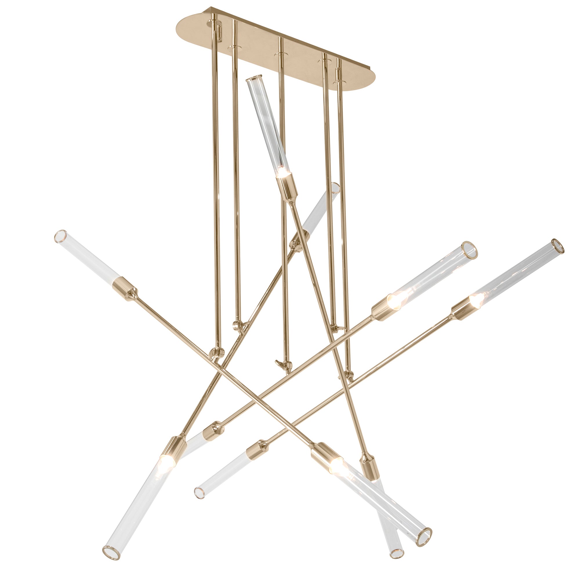 A contemporary gold suspension chandelier with angular brass tubes and glass diffusers.