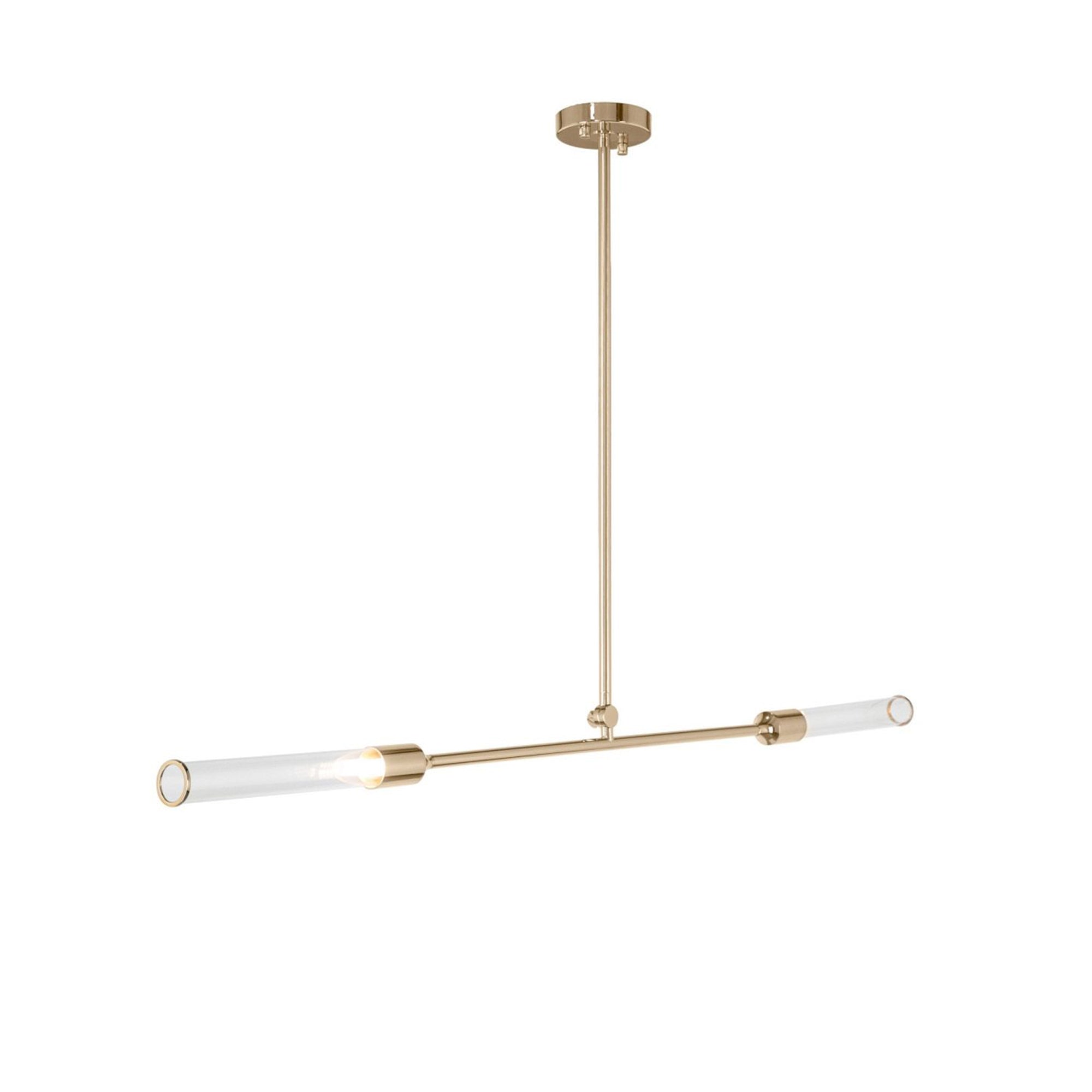 A modern gold linear pendant light with sleek glass diffusers, suspended by a ceiling mount.