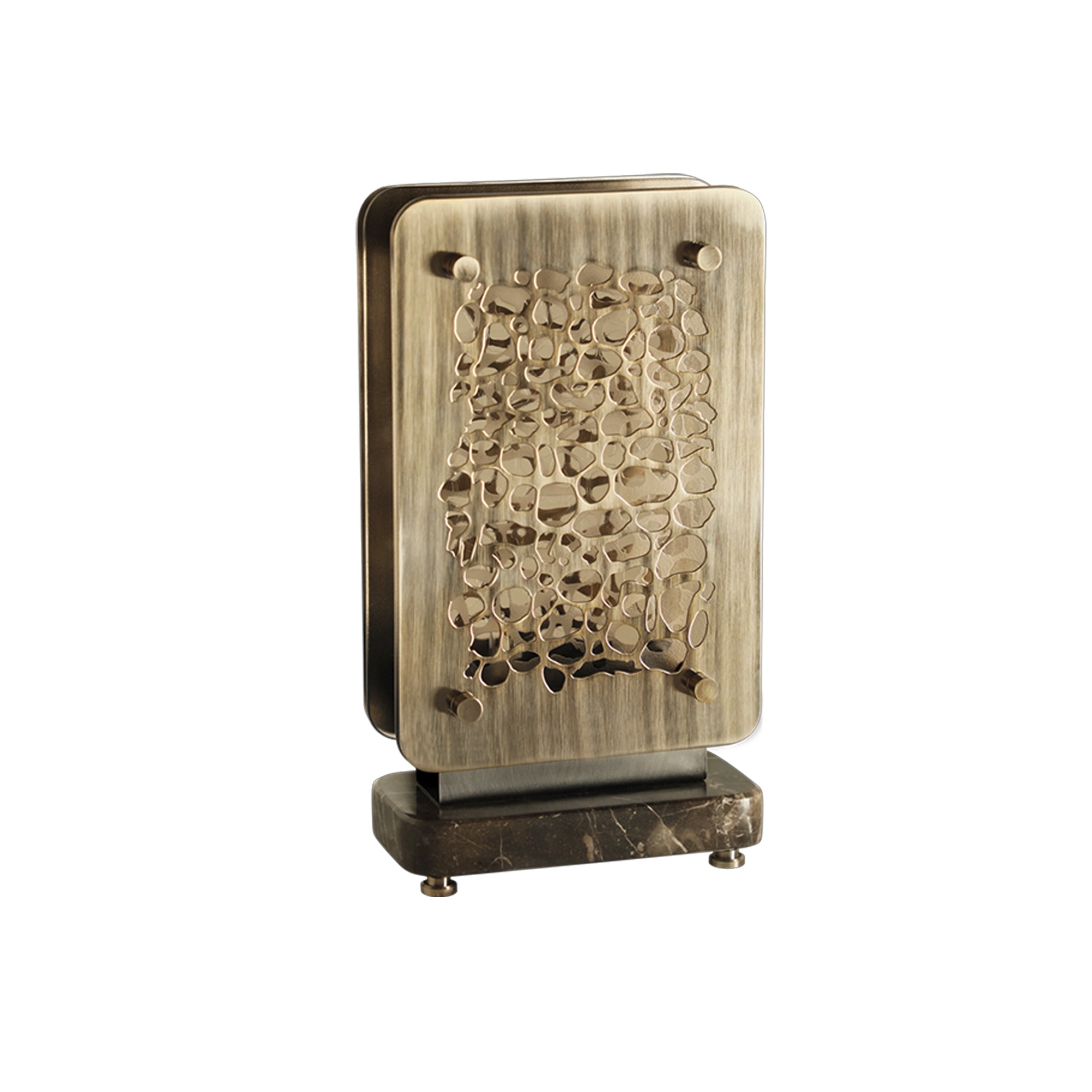 A bronze table lamp with a giraffe print on the brass plate and a marble base, designed to emit light through the gaps on the sides.