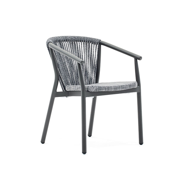 A gray Smart Dining Armchair with a hard backrest and seat made of synthetic rope, designed for outdoor use.