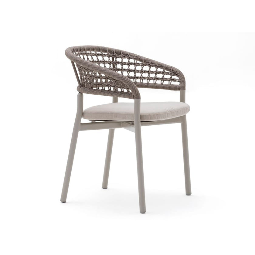 A single Plinto dining armchair with a gray aluminum frame and beige cushioned backrest and seat.