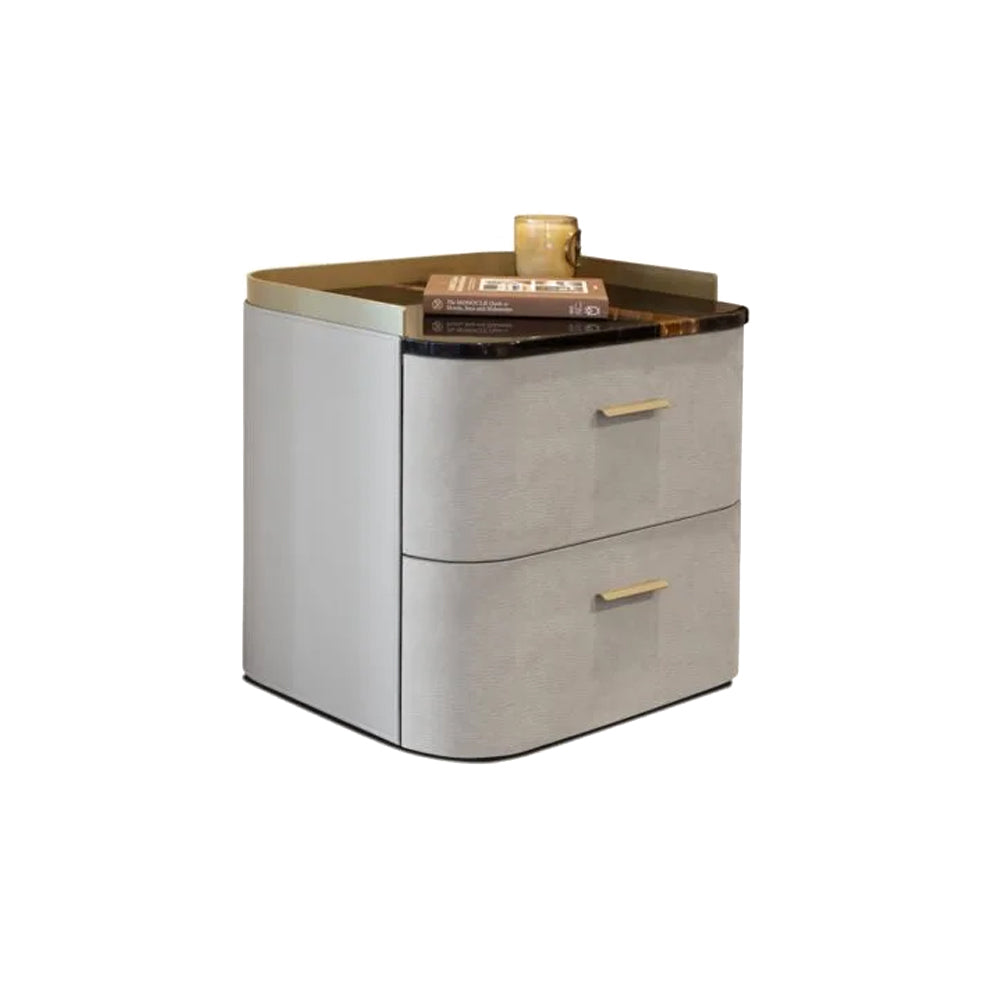 Two-drawer nightstand with a gold handle on a white background