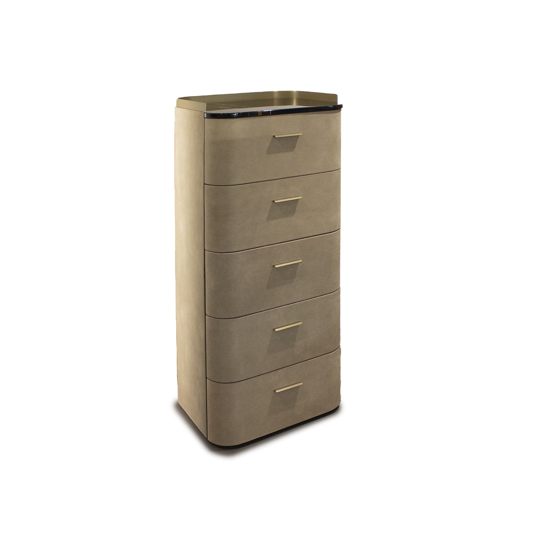 Beige metal cabinet with multiple drawers on a white background