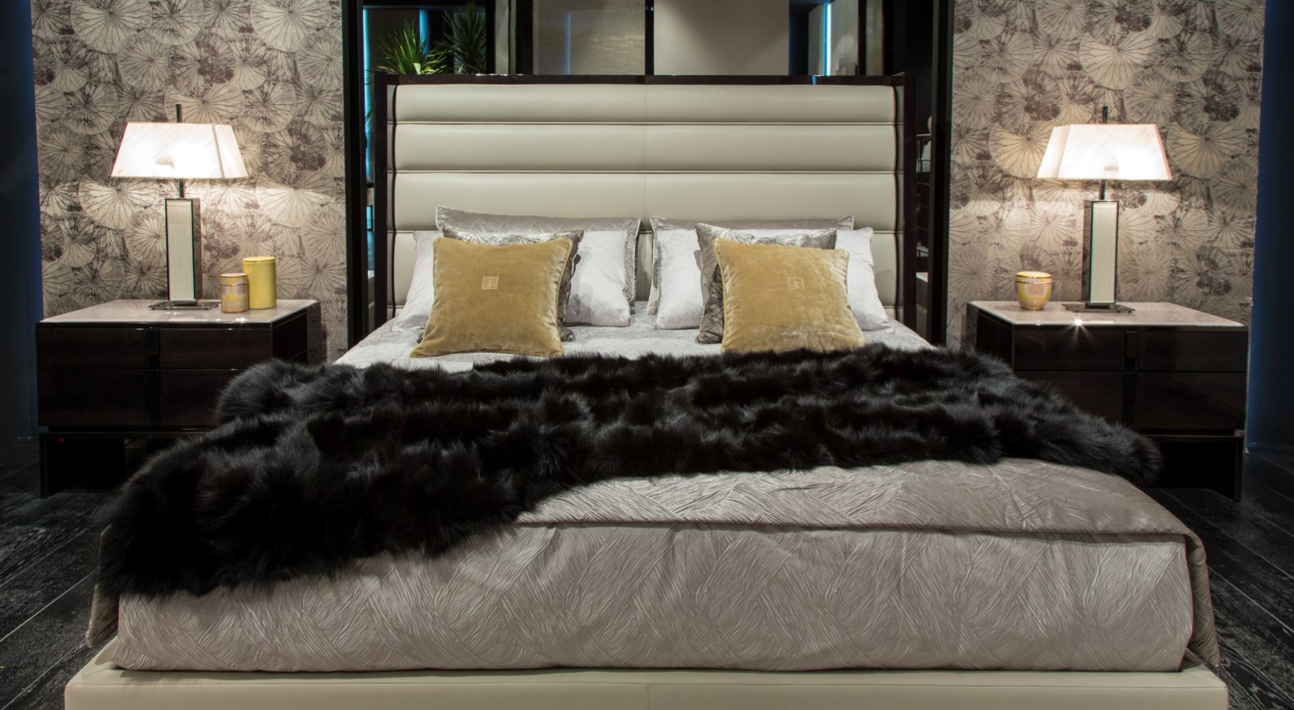 black and more bed with lamps