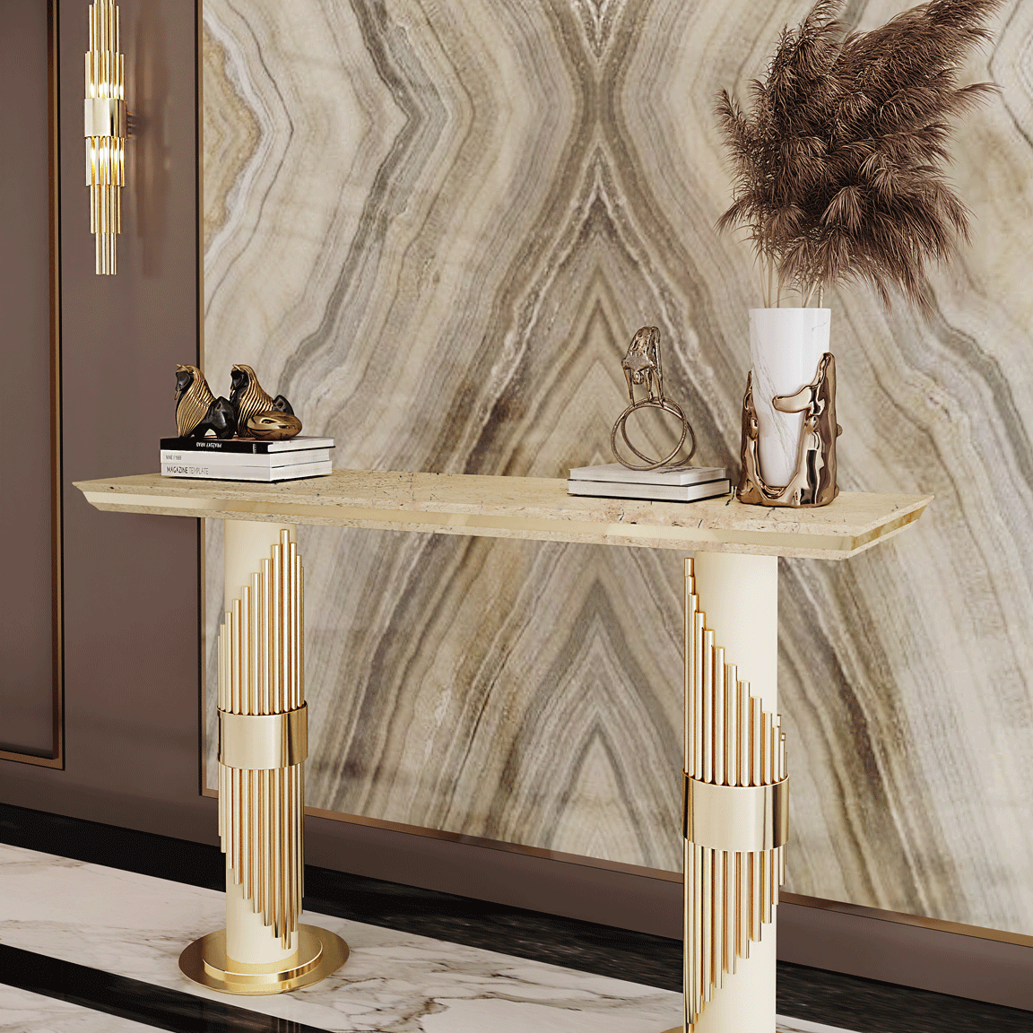 castro-lighting-streamline-console-gold-brass-beige-marble-art-deco-interior-design