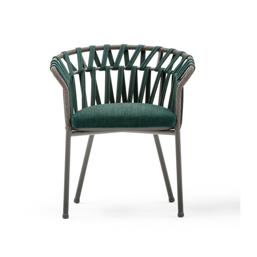 An acrylic fabric dining chair with a metallic aluminum frame and upholstered padded backrest and seat.