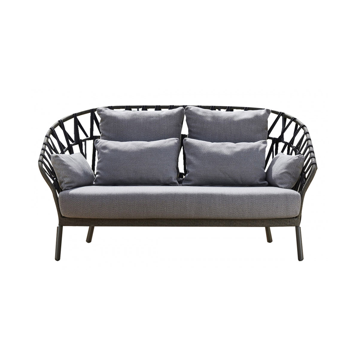 A gray cushioned cross sofa with a metal frame and acrylic fabric band.