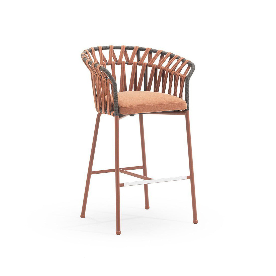 A cross-backed barstool with a brown acrylic fabric band and a powder-coated aluminum structure. It has a cushioned seat and an optional back cushion.