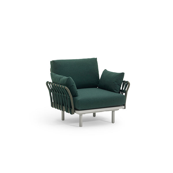 A green square armchair with a powder-coated aluminum structure and acrylic fabric upholstery, featuring cushioned arms and backrest.