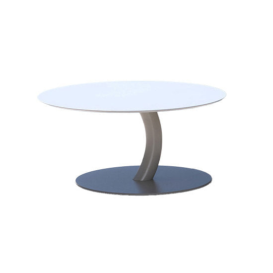 A white, round, cataphoresis-protected, powder-coated steel coffee table with a curved stem, resting on a steel base, against a plain background.