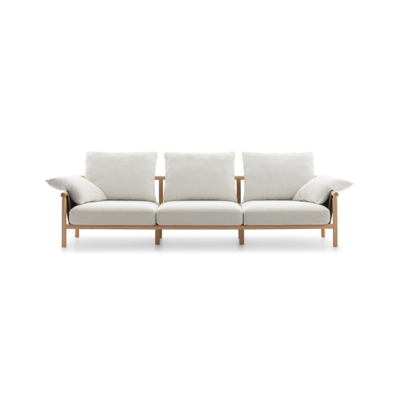 A three-seater outdoor lounge sofa with a wooden structure and light-colored fabric upholstery.