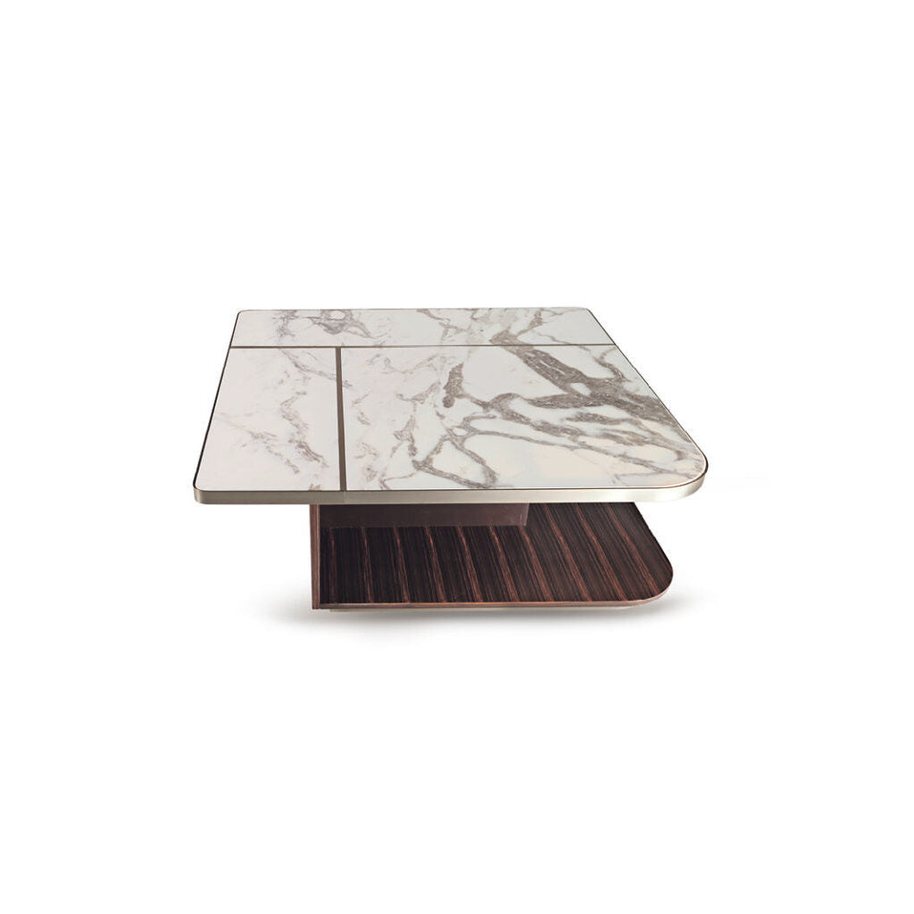 A square cocktail table with a white marble top and a dark wood veneer base, with stainless steel legs.