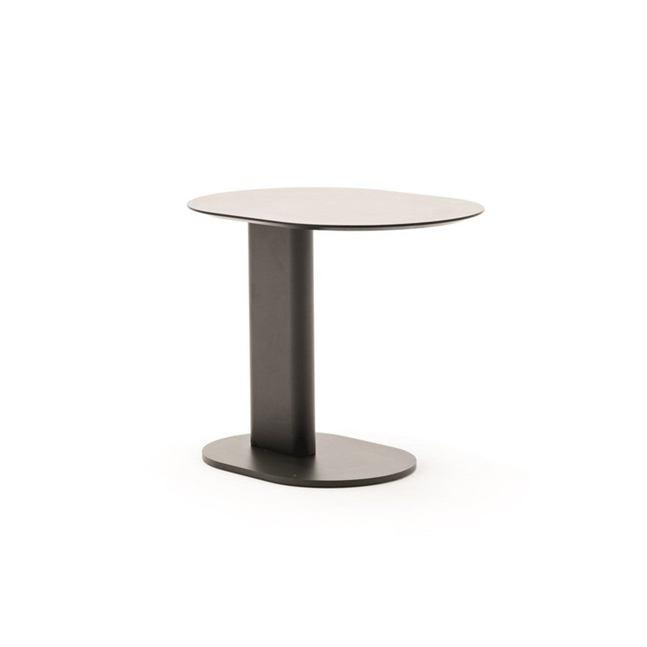 An elliptical-shaped coffee table with a dark gray tabletop and black legs, set against a white background.