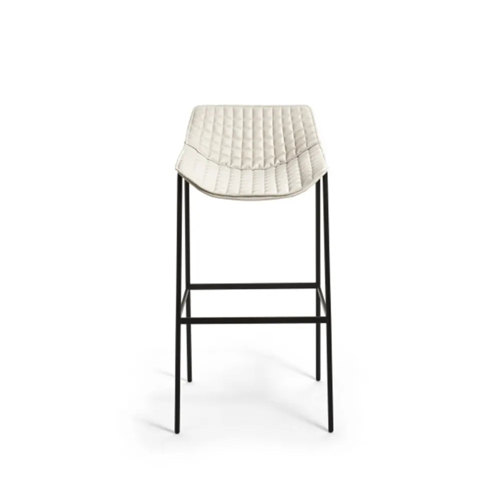 A modern barstool with a curved metal structure and a soft cushion, primarily in black and white colors.