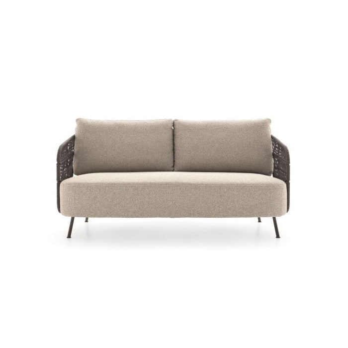 A beige two-seater outdoor lounge sofa with a wrap-around backrest and metal legs.