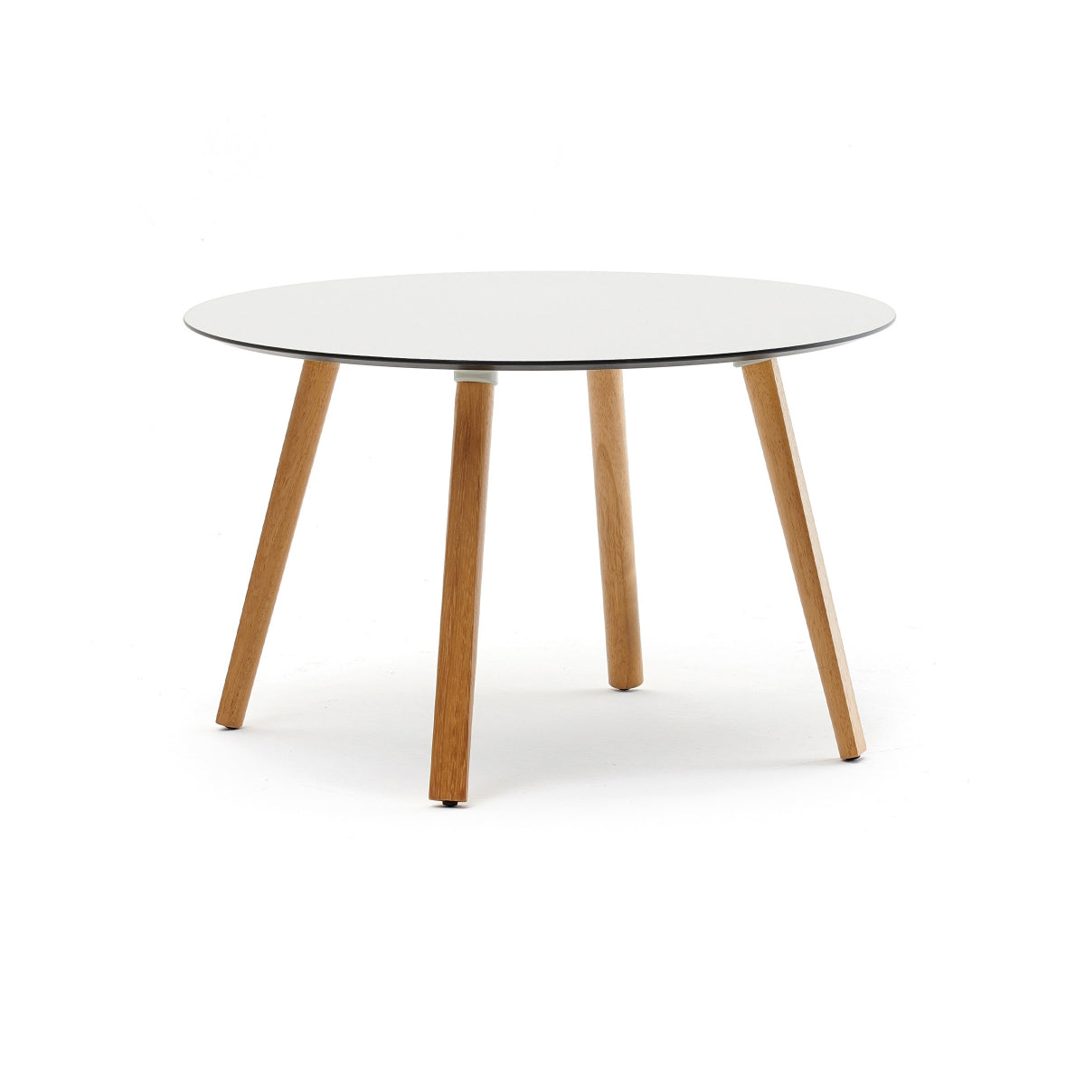 A modern coffee table with a white top and wooden legs, possibly made of iroko wood, with an aluminum top option shown in the image.