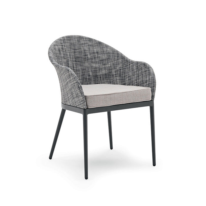 A gray metal bucket chair with a cushioned seat and backrest, designed for outdoor use.