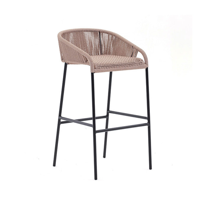 A slender, height-adjustable Cricket barstool with a beige seat and black frame, featuring a weave of synthetic cord.
