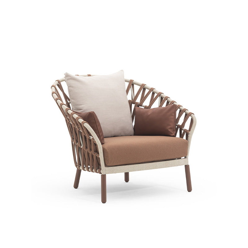 An outdoor armchair with a powder-coated aluminium frame and acrylic fabric band, featuring a beige seat cushion and a brown backrest pillow.