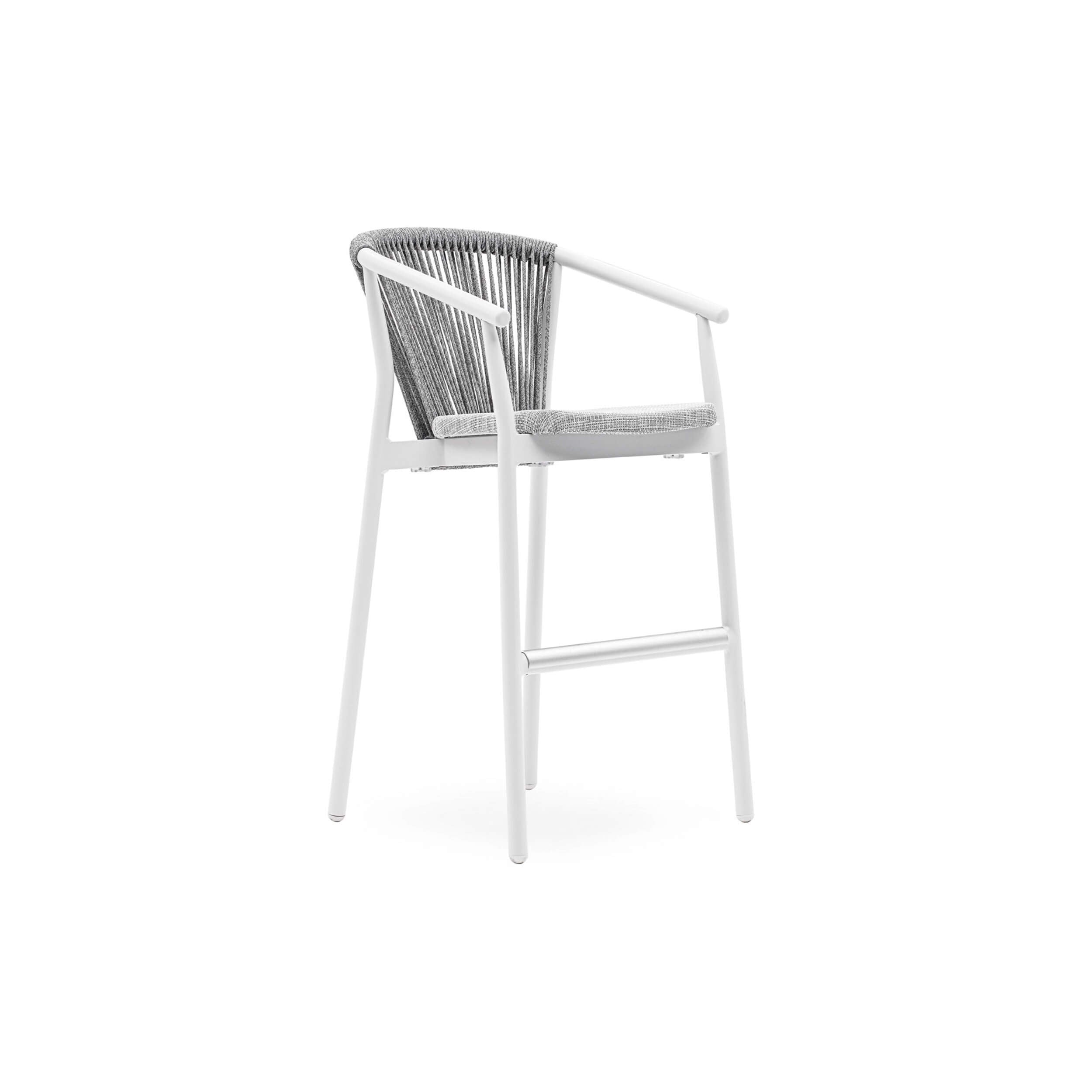 A white Smart barstool with a wicker seat and a metal frame, isolated on a white background.