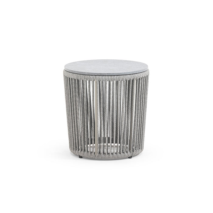 A cylindrical side table with a gray weave structure and an aluminum frame, set against a white background.