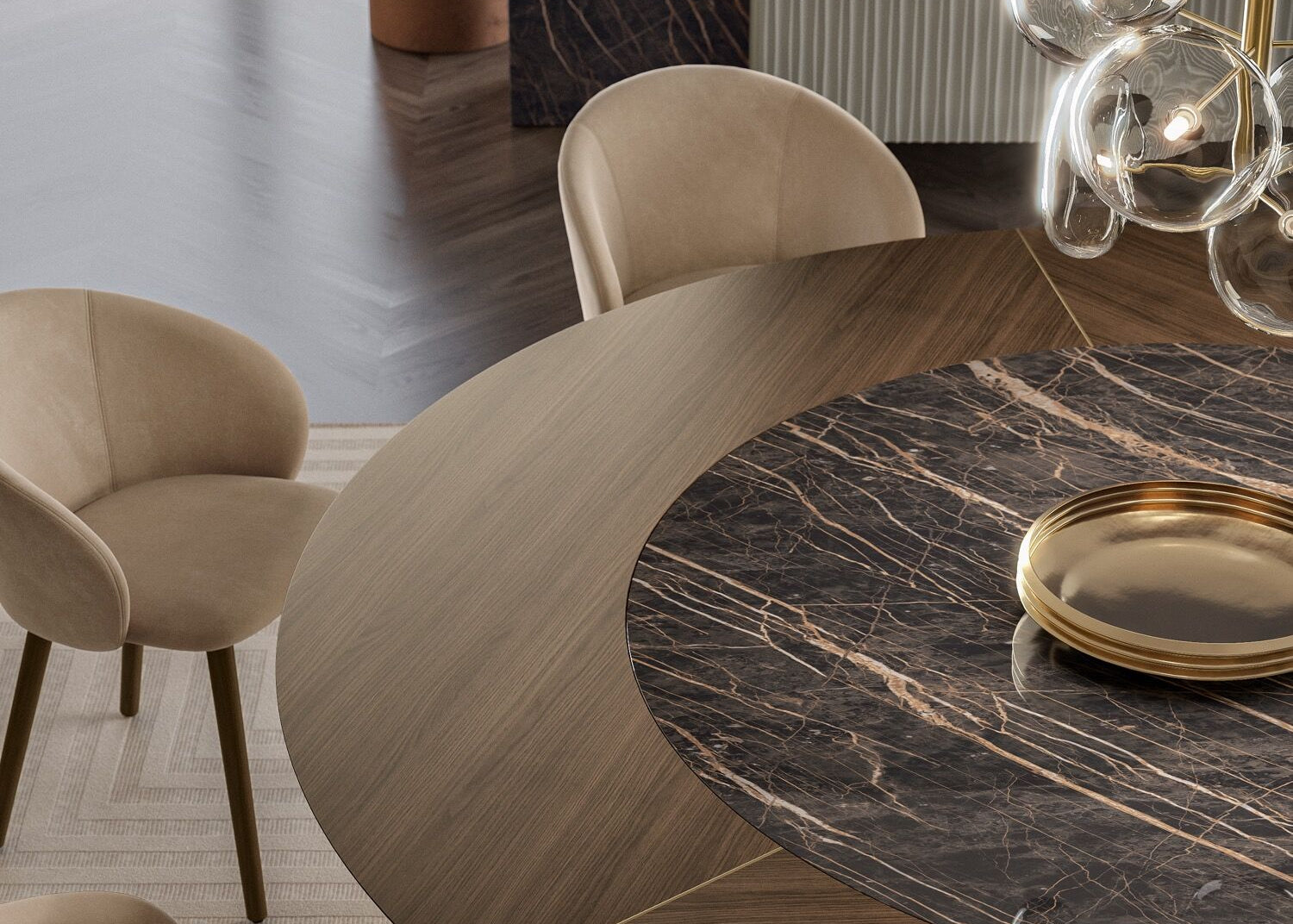Dining room with a marble table and beige chairs, featuring a modern interior design.