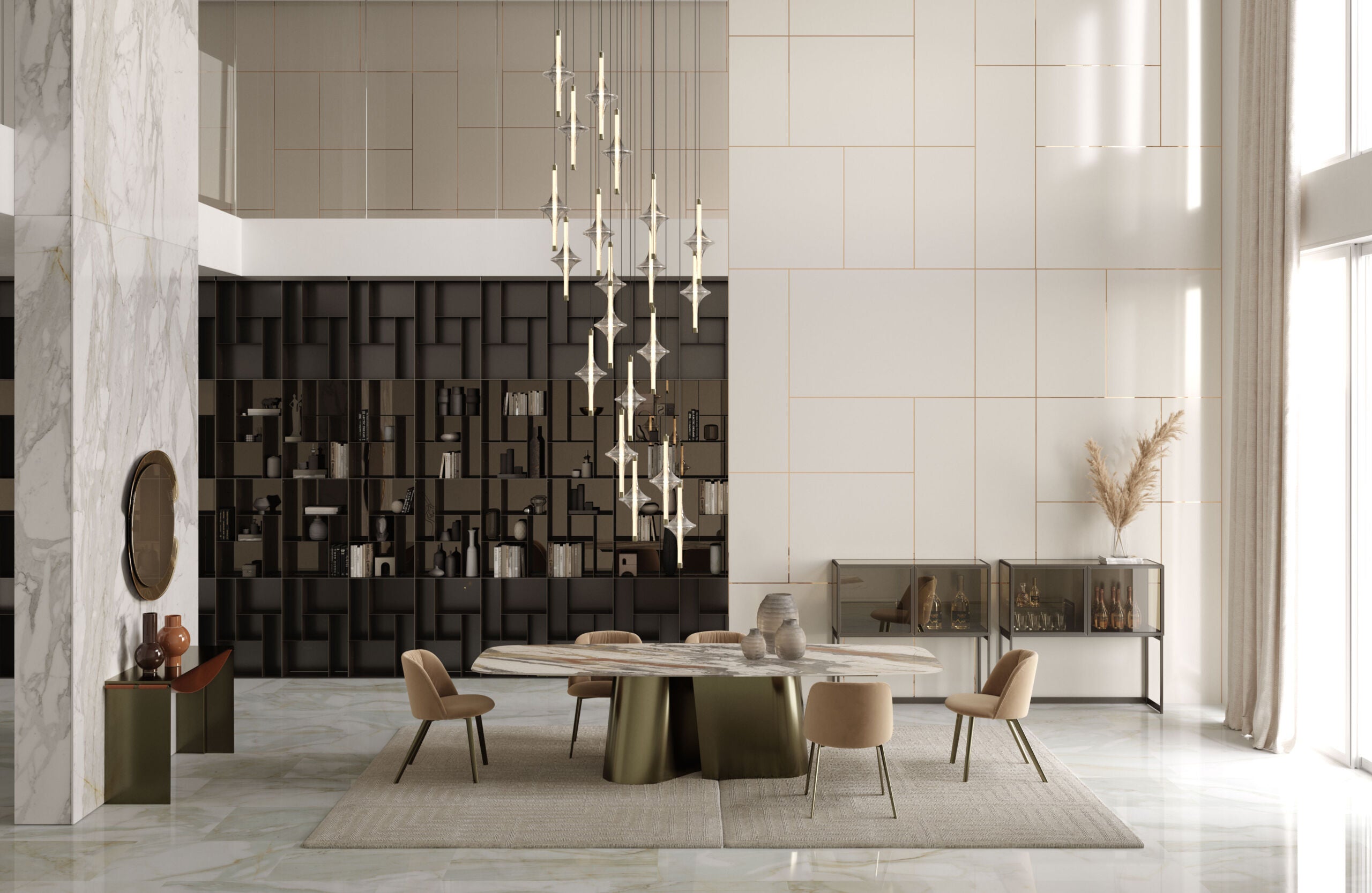 Modern dining room with a round table and chairs, featuring a decorative wall and chandelier.