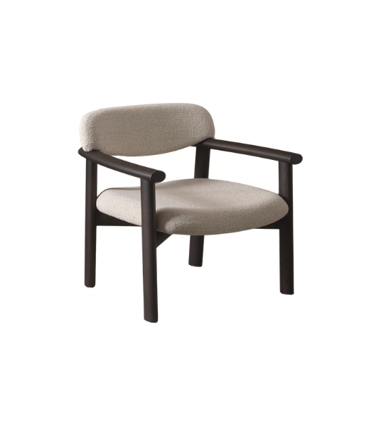 Beige armchair with dark wooden frame on a white background