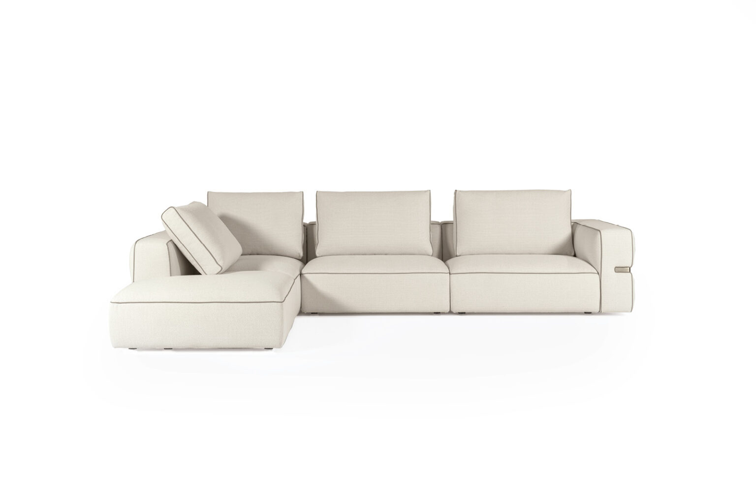A beige Luxor modular sofa with a contemporary design, featuring a chaise on the left side and special stitching on the polyurethane foam cushions.